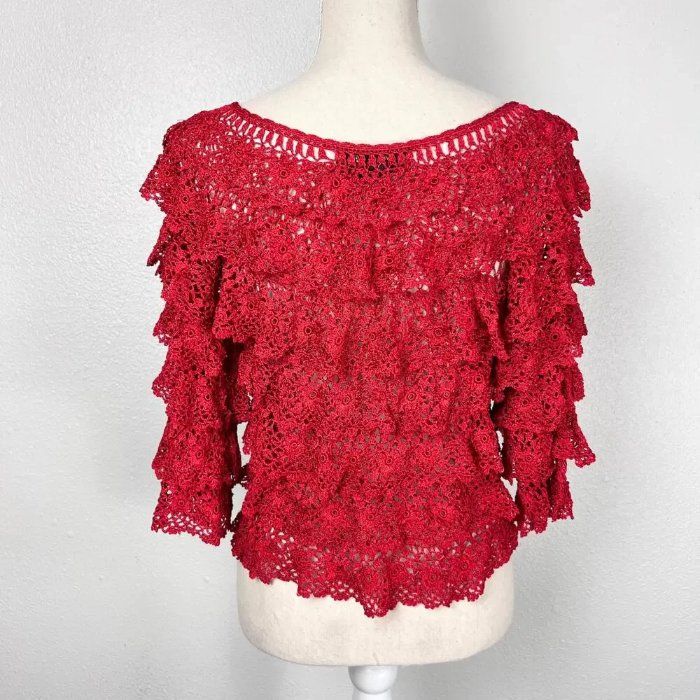 Anea A Red Crochet Lace Ruffle Sleeve Top S/M Boho Romantic Y2K Cottagecore - Picture 7 of 8